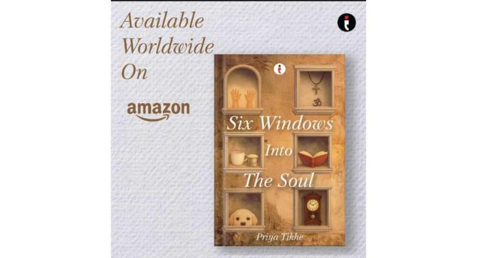 Author Priya Tikhe holding her book Six Windows Into the Soul during an interview