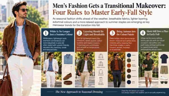 Men’s early-fall fashion featuring lightweight layers, autumn colours and stylish transitional outfits