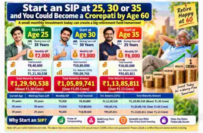Chart showing how a monthly SIP started at age 25, 30 or 35 can grow into a retirement fund by age 60