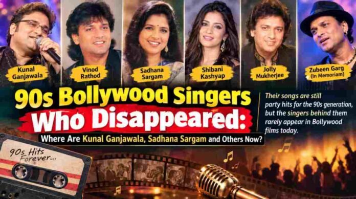Collage of popular 90s Bollywood playback singers Kunal Ganjawala, Vinod Rathod, Sadhana Sargam, Shibani Kashyap and Jolly Mukherjee