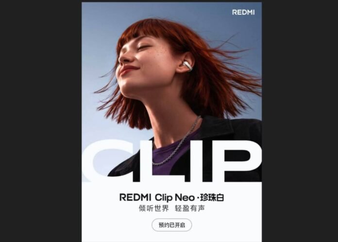 Redmi Clip Neo clip-on wireless earbuds with a curved design and matching charging case.