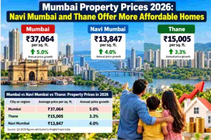 Mumbai vs Navi Mumbai vs Thane property prices in 2026, comparing average residential rates per square foot