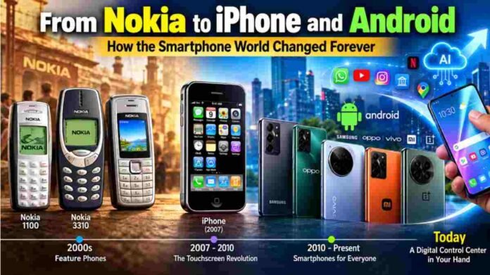 Classic Nokia feature phone placed beside a modern iPhone and Android smartphone showing the evolution of mobile phones
