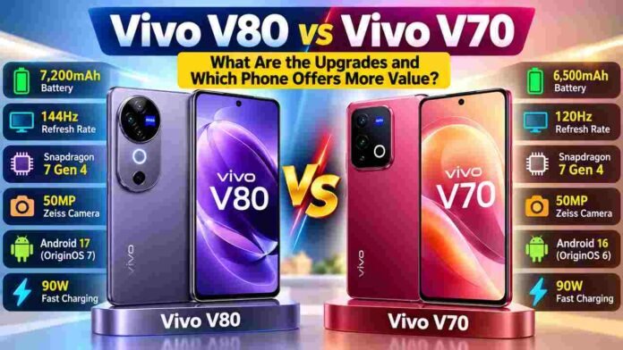 Vivo V80 vs Vivo V70 comparison showing differences in price, display, battery and cameras